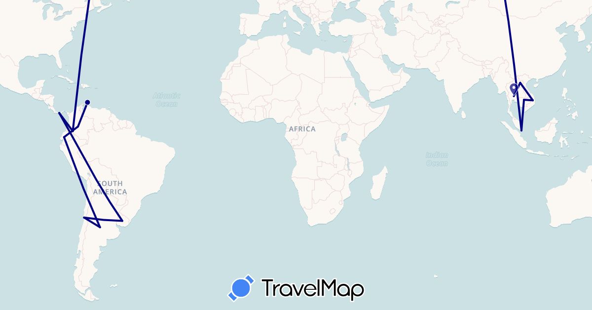 TravelMap itinerary: driving in Argentina, Chile, Colombia, Ecuador, Cambodia, Laos, Netherlands, Panama, Singapore, Thailand, Uruguay, Vietnam (Asia, Europe, North America, South America)